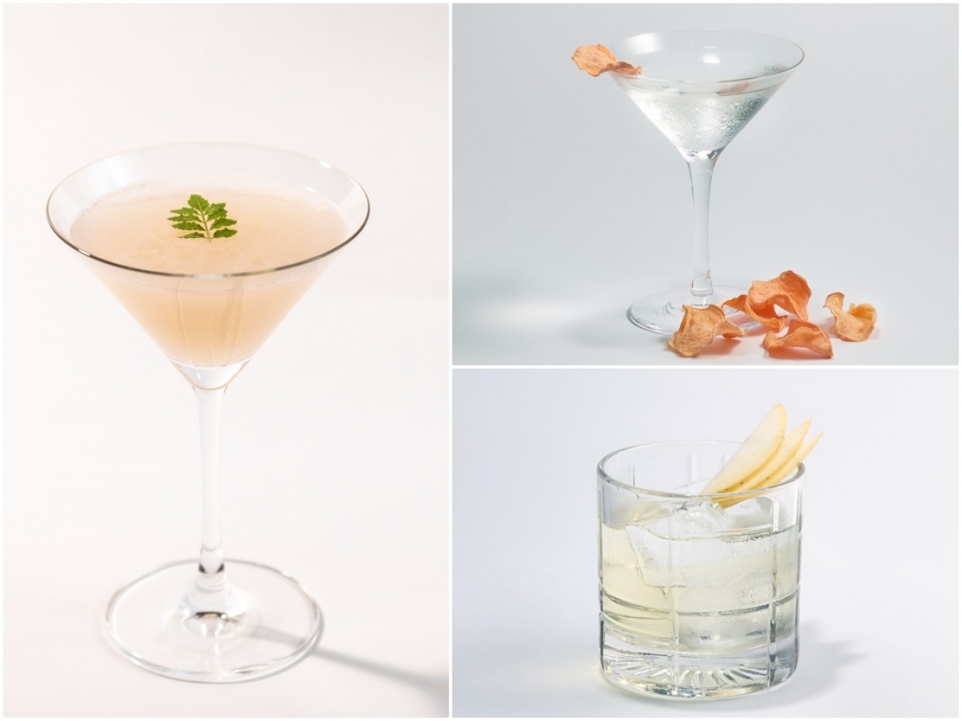 左:木場さん考案の「Last Word」は、黄金井酒造の酒粕焼酎「旗頭」をベースに、黄金井酒造の酒粕と川鶴酒造の「讃岐くらうでぃ」を合わせた自家製リキュールと、シャルトリューズヴェール、マラスキーノを合わせ、仕上げに自家製の「Ginjyo Bitters」で味を締めて香りを加えます。右上:オリバーさんの「KORIDASHI MARTINI(氷だしマティーニ)」は、自身もお気に入りという「黒霧島」に玄米茶の香ばしさを合わせ、マティーニをツイスト。右下:長友さんの「Lily of the Valley〜すずらん〜」は、菊之露酒造の「菊之露 古酒 V.I.Pゴールド」をベースにクラリファイした甘酒、モナングリーンアップルシロップを合わせてステア。