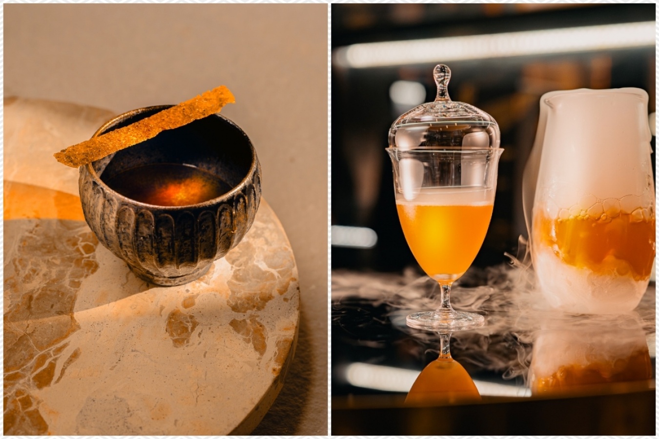 左は日本大会のチャンピオンカクテル『レゾナンス』。右はグローバル・ファイナルのために考案された『インサイドカー』。レミーマルタンVSOPをベースに、クロモジの香りを移したレミーコアントロー、餡子、味醂を使用している。